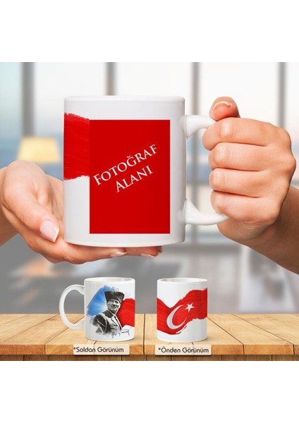 Kişiye Özel Atatürk ve Bayrak Temalı Fotoğraf Baskılı Çift Yön Kişiye Özel Hediyelik Kupa Bardak