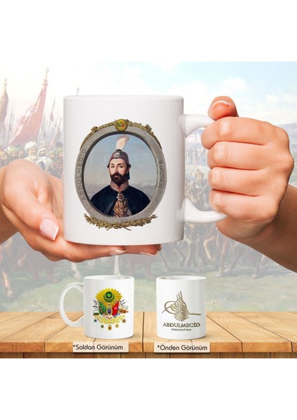 Osmanlı Padişahları Serisi - Abdulmecid - Fotoğrafı ve Tuğrası - Arma - Renkli Baskılı Kupa Bardak
