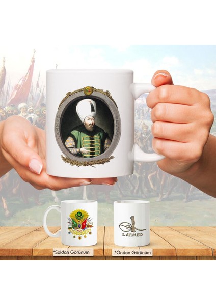 Osmanlı Padişahları Serisi - I. Ahmed - Fotoğrafı ve Tuğrası - Arma - Renkli Baskılı Kupa Bardak