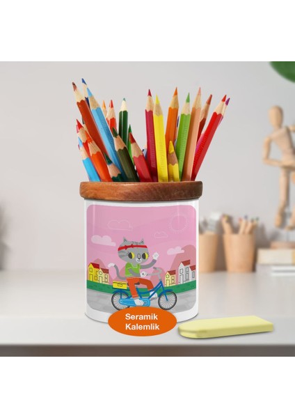 Bisiklet Kullanan Sporcu Kedi Ahşap Seramik KALEMLIK-214767