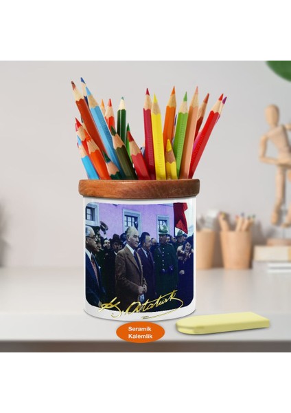 Komutan ve Mustafa Kemal Atatürk Ahşap Seramik Kalemlik-A(48)