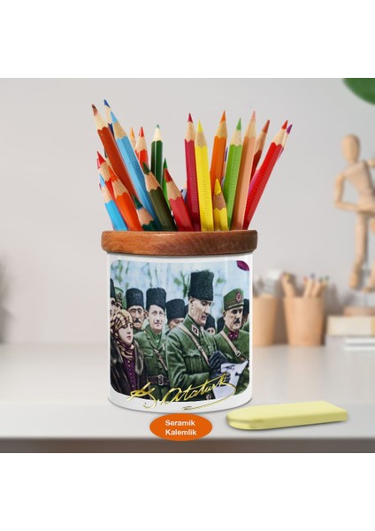 Lider Mustafa Kemal Atatürk Ahşap Seramik Kalemlik-Ataturk (884)