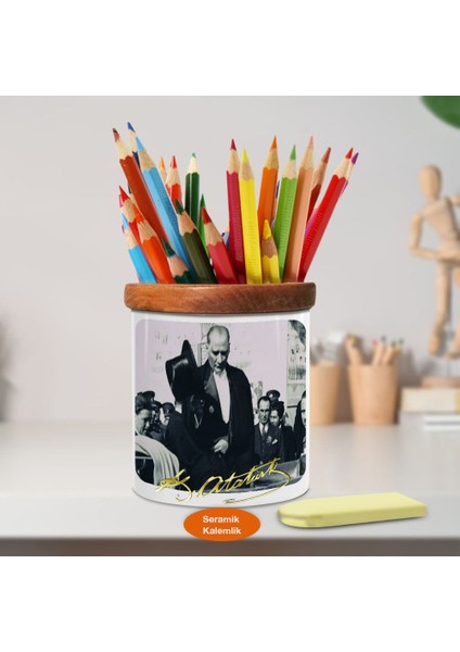 Mustafa Kemal Atatürk Ahşap Seramik Kalemlik- S458