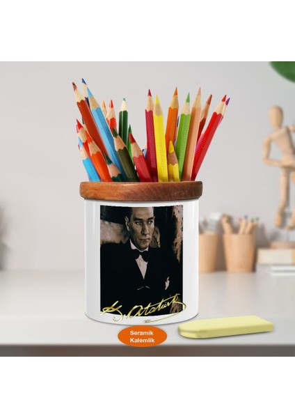 Mustafa Kemal Atatürk Ahşap Seramik Kalemlik - S144