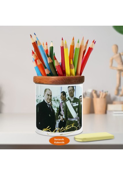 Mustafa Kemal Atatürk ve Misafiri Ahşap Seramik KALEMLIK-419
