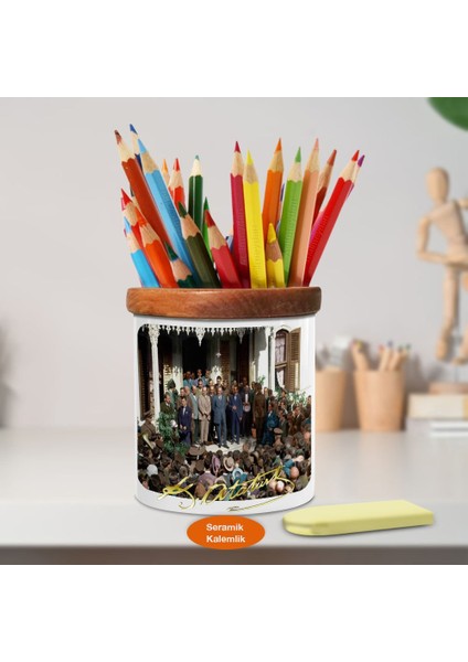 Halkına Seslenen Kemal Atatürk Ahşap Seramik Kalemlik -111KP4