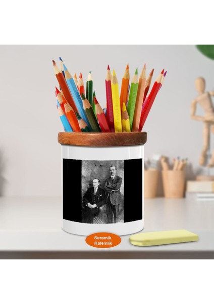 Mustafa Paşa ve Ismet Inönü Ahşap Seramik Kalemlik -ATATU1096)