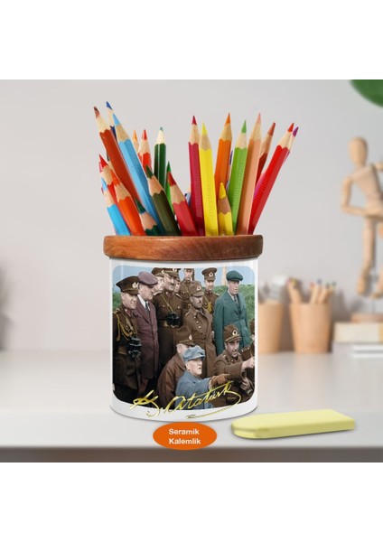Askerleri ve Mustafa Kemal Atatürk Ahşap Seramik Kalemlik -10