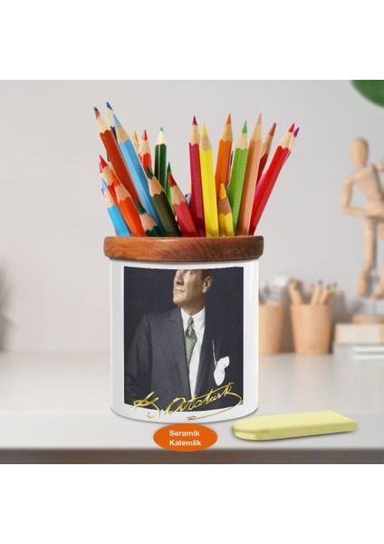 Göğe Bakan Mustafa Kemal Atatürk Ahşap Seramik Kalemlik -8 (1)