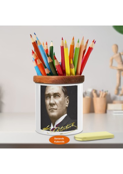 Gazi Mustafa Kemal Atatürk Portre Ahşap Seramik Kalemlik -7 (1)