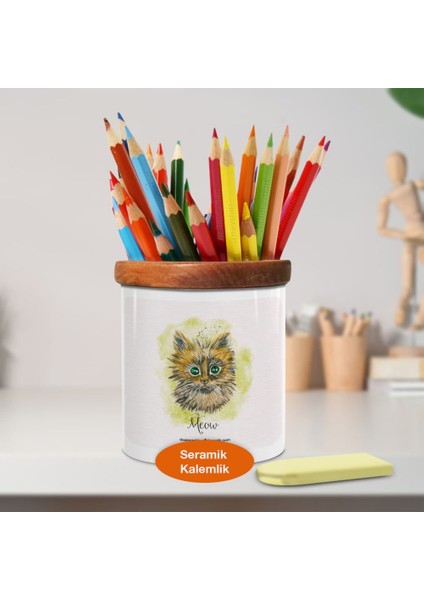 Sevimli Bakışlı Kedi Ahşap Seramik Kalemlik - 2147620402