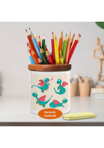 Sevimli Küçük Ejder Ahşap Seramik Kalemlik - 2147842004