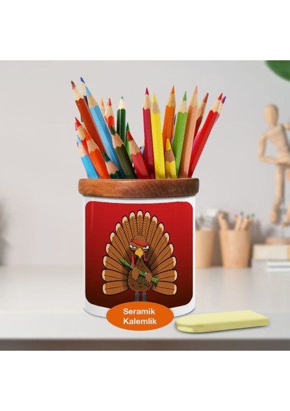 Savaşçı Hindi Ahşaplı Seramik Kalemlik - Freeturkey-Char