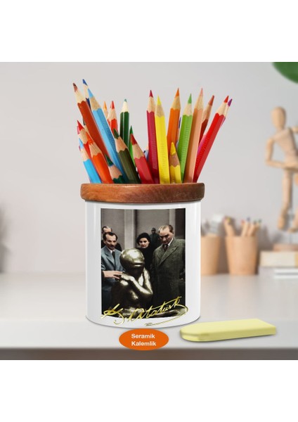 Heykele Bakan Mustafa Kemal Ahşap Seramik Kalemlik -R232
