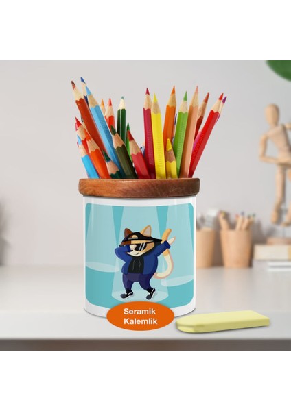 Hipster Dabbing Dansçı Kedi Ahşap Seramik Kalemlik - 2147856333