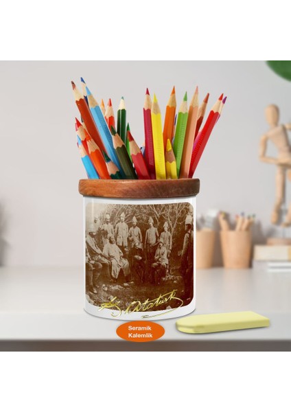 Mustafa Kemal Atatürk ve Hoca Efendi Ahşap Seramik Kalemlik-12