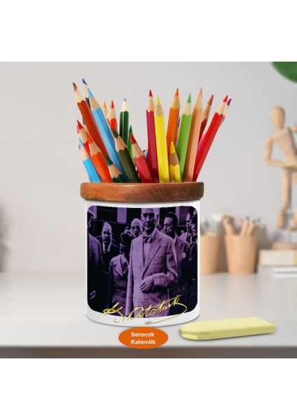Mustafa Kemal Atatürk Ahşap Seramik Kalemlik - S168