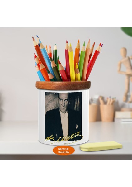 Mustafa Kemal Atatürk Ahşap Seramik Kalemlik - S146