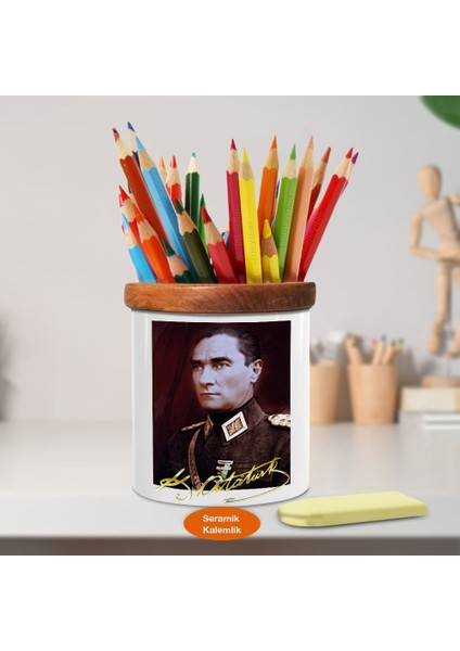 Başkomutan Kemal Atatürk Ahşap Seramik Kalemlik - Atatürk (87)
