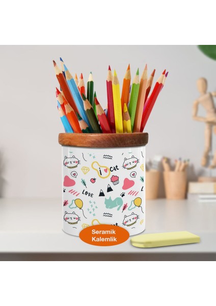 Kedi Sevgisi Desenleri Ahşap Seramik Kalemlik - 2148101282