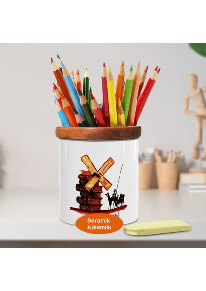 Çizimsel Yeldeğirmeni Ahşap Seramik Kalemlik - 25113971521