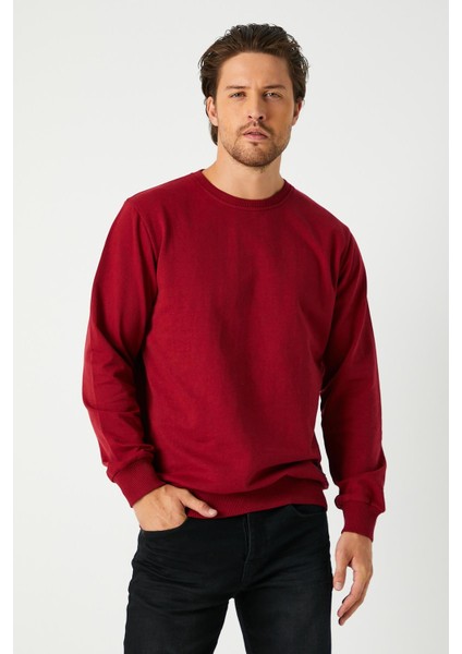 Erkek Bordo Basic Bisiklet Yaka Sweatshirt