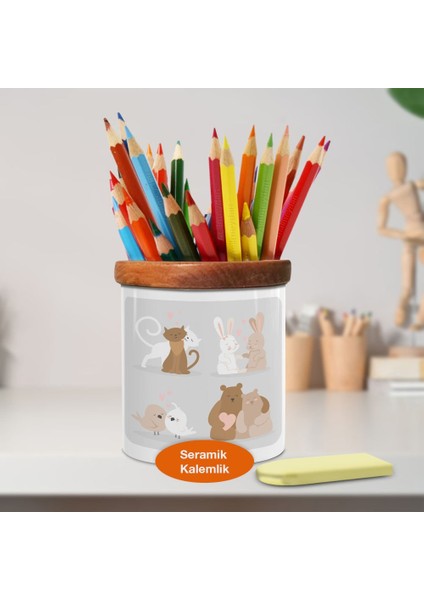 Sevimli Kedi Çifti Ahşap Seramik Kalemlik - 23-2148034462