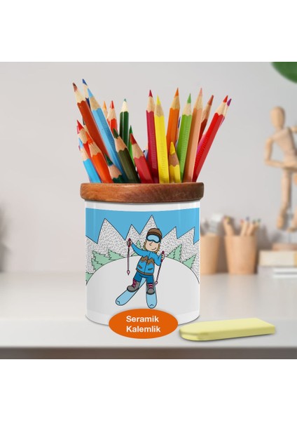 Kayak Yapan Çocuk Ahşaplı Seramik Kalemlik - 2147527484
