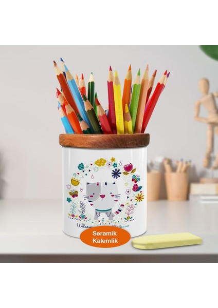 Çiçekli Sevimli Kedi Ahşap Seramik Kalemlik - 1042-282