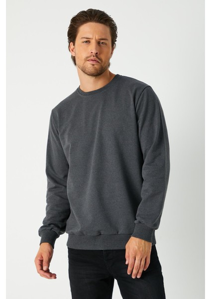 Erkek Antrasit Basic Bisiklet Yaka Sweatshirt