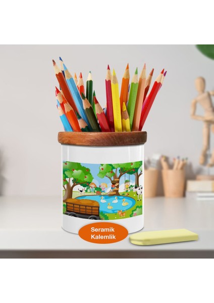 Bahçede Hayvanlar ve Çocuklar Ahşap Seramik Kalemlik - 1308-278