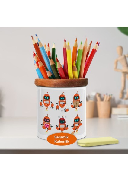 Çalışkan Renkli Robot Ahşaplı Seramik Kalemlik - 2147725982