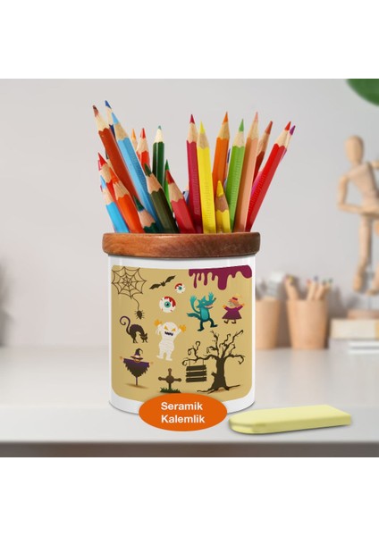 Hallowen Sembolleri Ahşap Seramik Kalemlik - 2147497156
