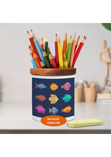 Renkli Balık Sürüsü Ahşaplı Seramik Kalemlik - 2147796026