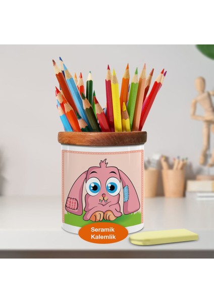 Pembe Tatlı Tavşan Ahşaplı Seramik Kalemlik - 1045-210