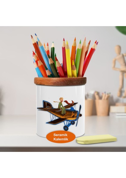 Uçakta Küçük Prens Ahşap Seramik Kalemlik - 36546815230