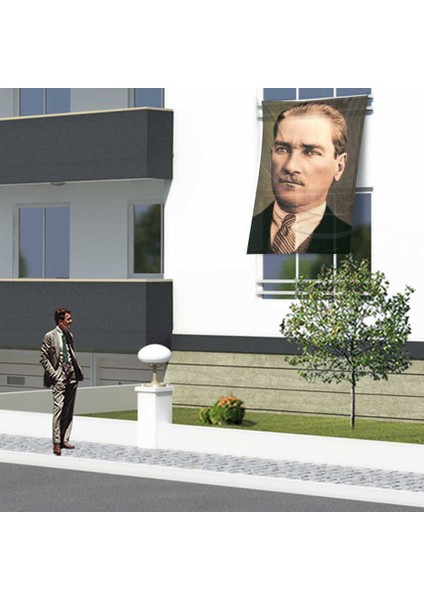 Sivil Takım Elbiseli Gazi Mustafa Kemal Atatürk Cephe Poster Bayrağı - 1,5x2,25 Metre
