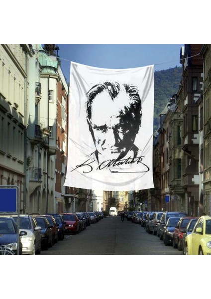 Siyah-Beyaz Gazi Mustafa Kemal Atatürk Silüeti Poster Bayrağı- 4x6 Metre