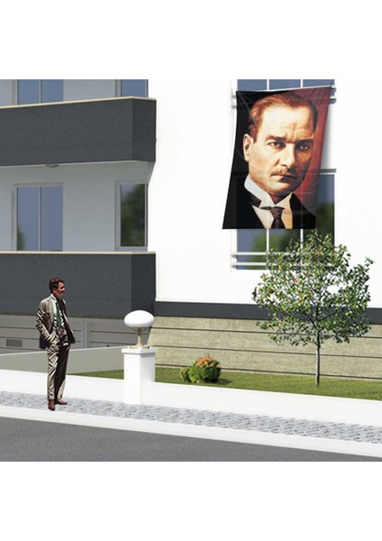 Sivil Gazi Mustafa Kemal Atatürk Portre Poster Cephe Bayrağı - 1,5x2,25 Metre