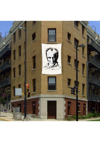 Siyah-Beyaz Mustafa Kemal Atatürk Imzalı Silüeti Poster Bayrağı- 2x3 Metre