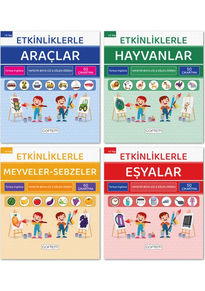 Etkinliklerle Öğreniyorum Seti - Türkçe İngilizce - 200 Çıkartma - Eğitici Aktivite Kitabı (4 Kitap)