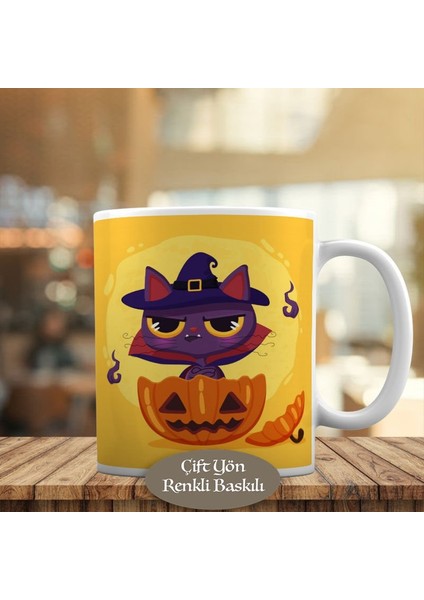 Halloween Şapkalı Sevimli Kedicik Kupa Bardak HEDIYELIK-682