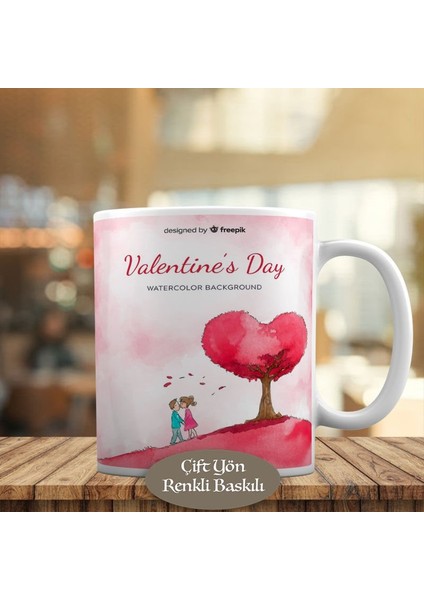 Kalpli Pembe Ağaç ve Romantik Çift Kupa Bardak HEDIYELIK-328