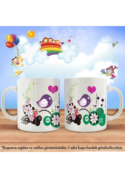 Asil Hediyelik Çocuklara Özel Karakterli Çift Yön Baskılı Vektör - Kuş - Kalp -Çiçek Kupa Bardak