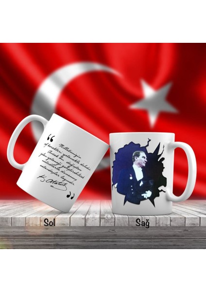 Asil Hediyelik Gülümseyen Mustafa Kemal Atatürk Yan Portre - Atatürk'ün Sözleri -Kupa Bardak