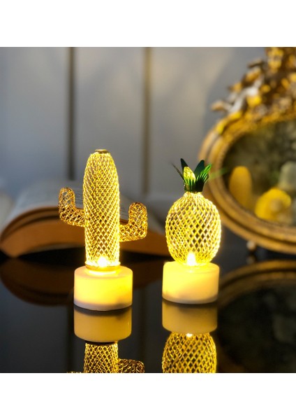 2'li Set Mini Ananas ve Kaktüs Desenli Tel Mum & Gün Işığı