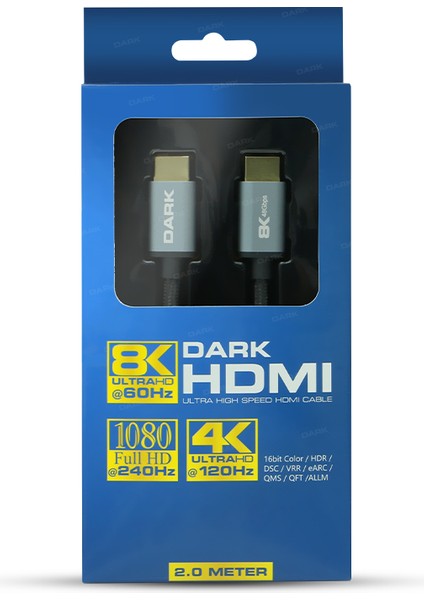 DARK 2metre HDMI 2.1 8K60/4K144, 48G Alüminyum Başlık HDMI Kablo