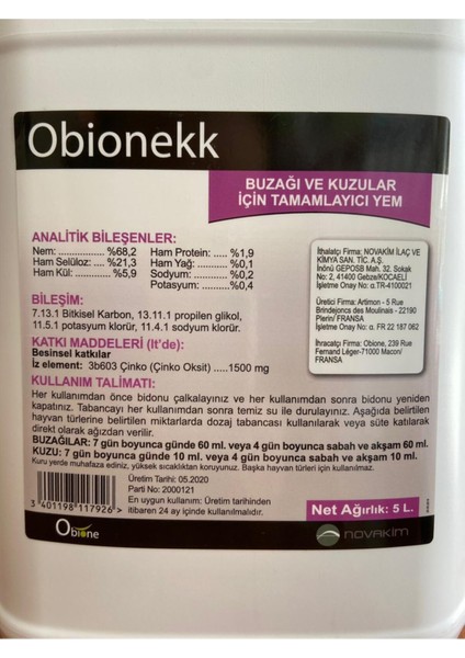 Obionekk Buzağı Kuzu Ishal Tamamlayıcı Yem 5 Lt Cryptosporidia