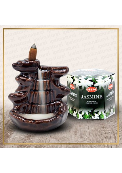 Kahve Şelale Buhurdanlık ve Jasmine (Yasemin) Konik Tütsü Set