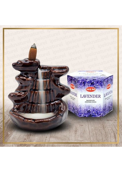 Kahve Şelale Buhurdanlık ve Lavender (Lavanta) Konik Tütsü Set